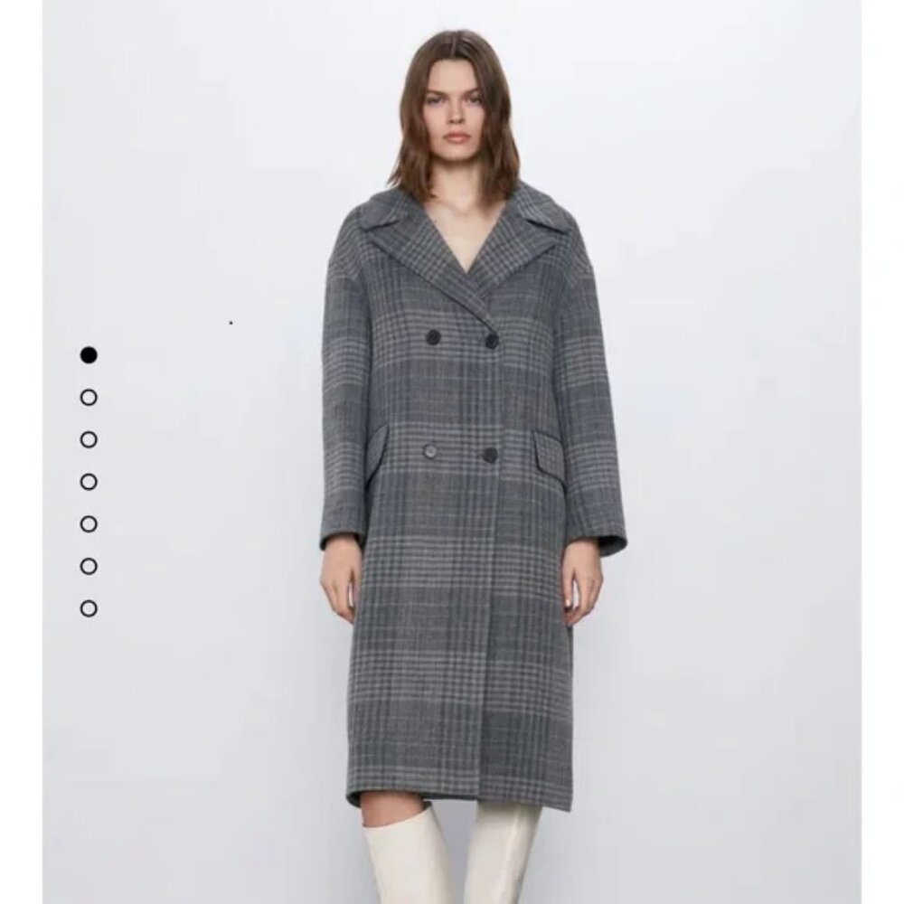 Zara, Oversized Wool Gray Black Coat, Checkered Plaid Long Double Breasted WOOL